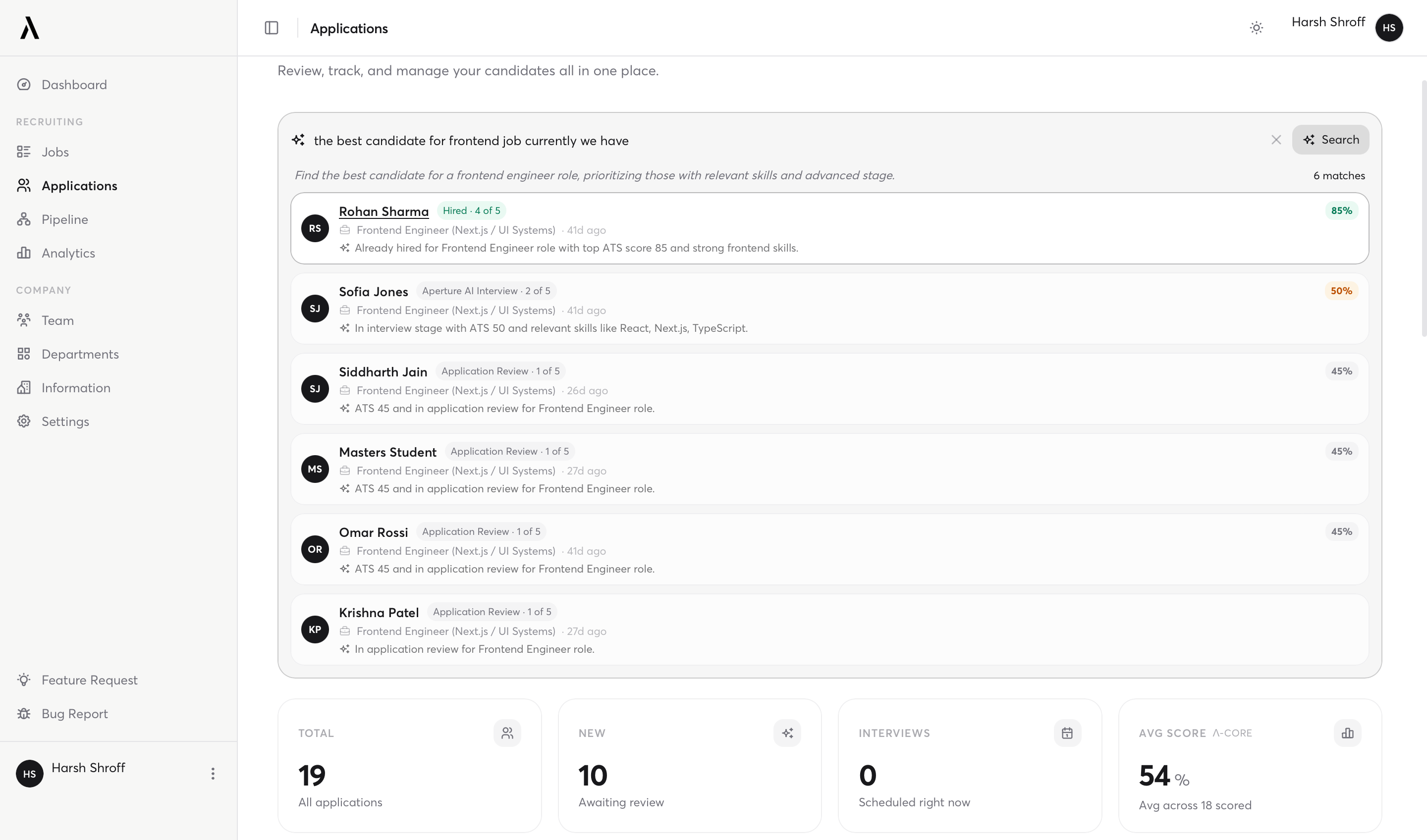 aperture applications page with ai semantic candidate search