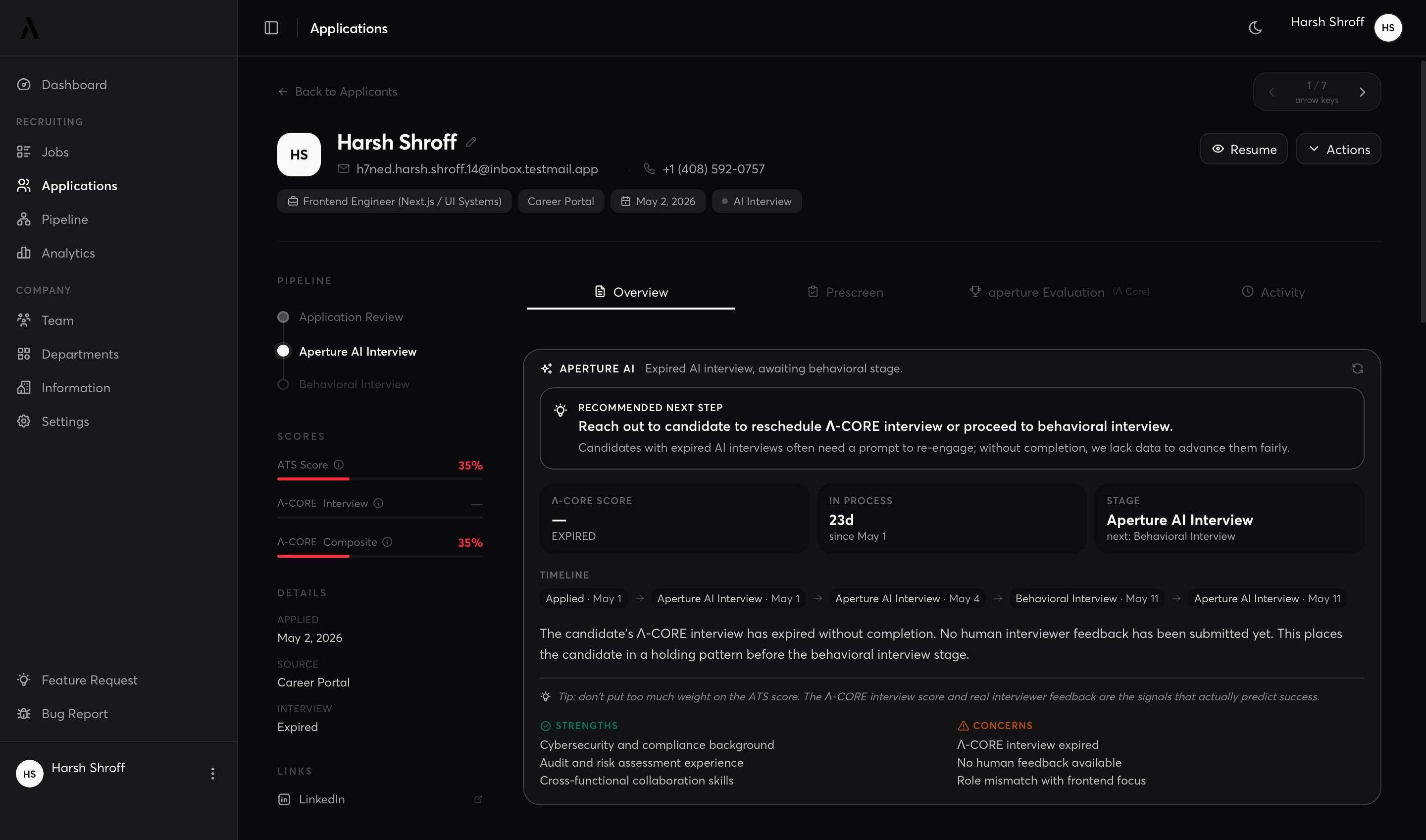 aperture candidate profile with scores, pipeline, and ai recommended next step