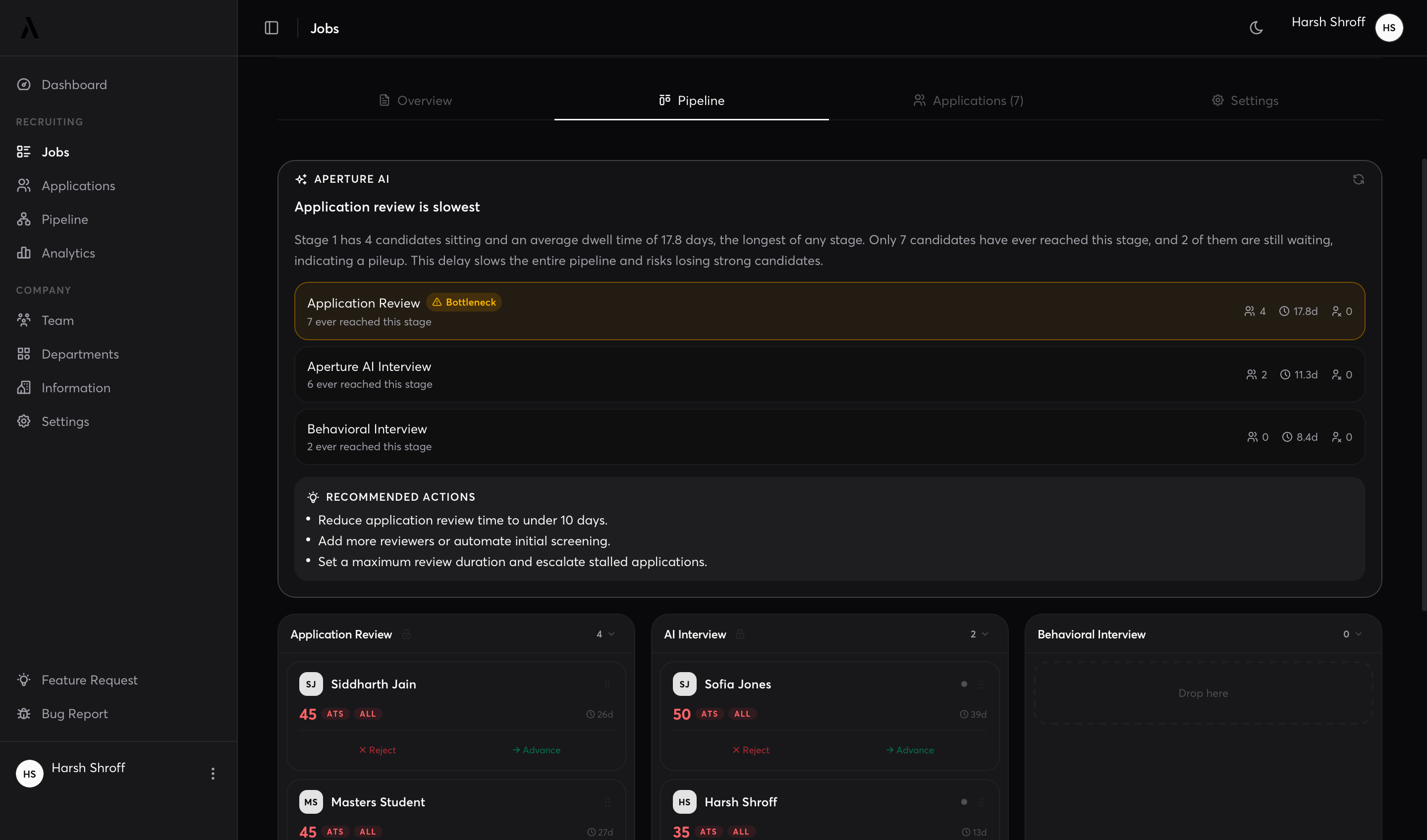 aperture jobs pipeline kanban with ai bottleneck analysis