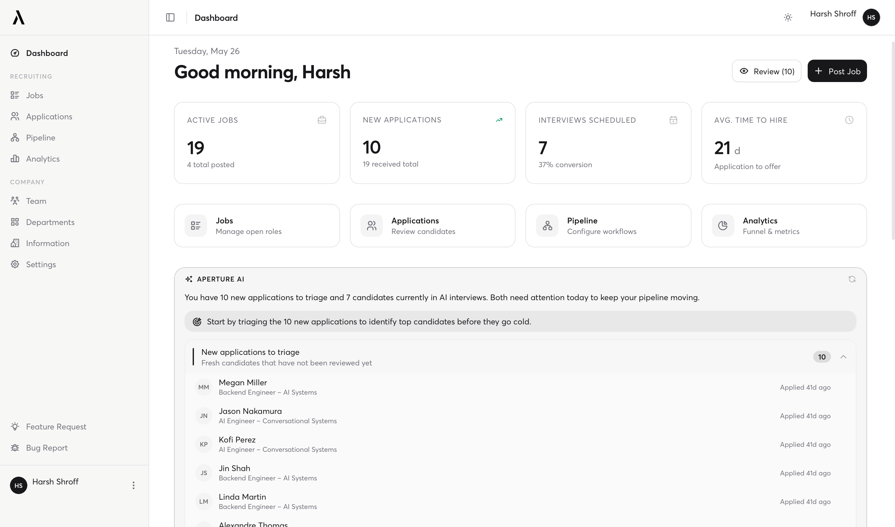 aperture dashboard with active jobs, applications, and an ai triage panel